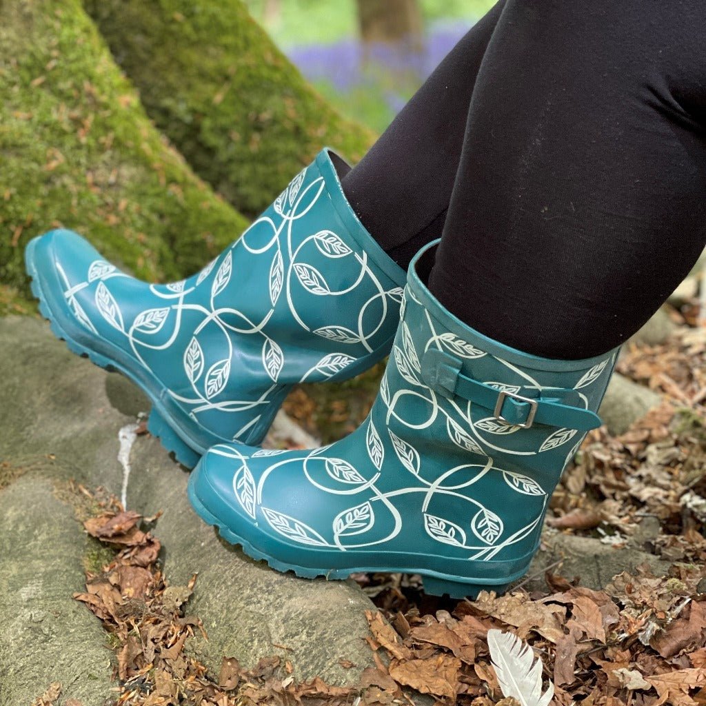 Half Height Teal Leaves Wellies - Wide Foot and Ankle - Jileon Wellies