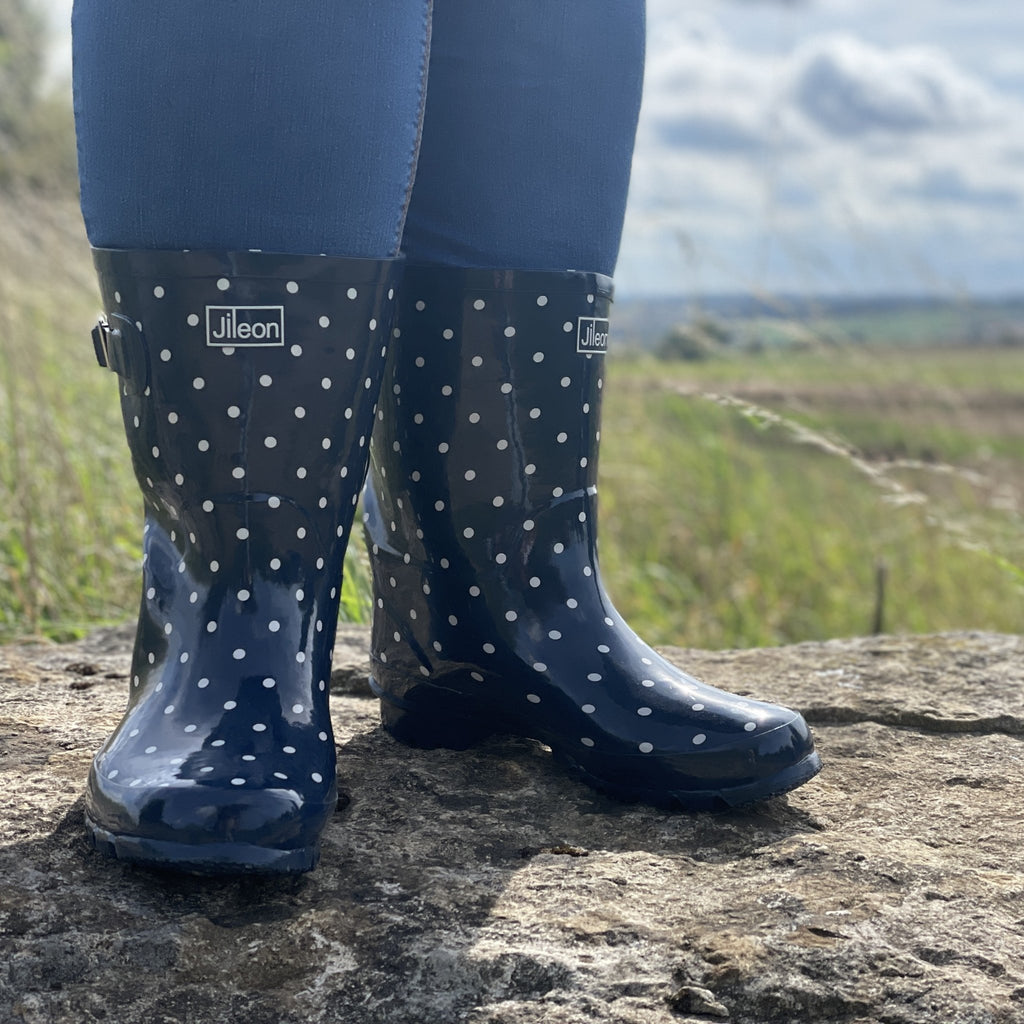 NEW - Half Height Navy Spot Wellies - Wide Foot & Ankle - Jileon Wellies