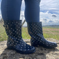 NEW - Half Height Navy Spot Wellies - Wide Foot & Ankle - Jileon Wellies