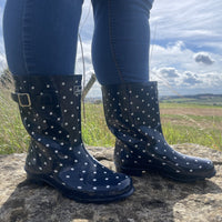 NEW - Half Height Navy Spot Wellies - Wide Foot & Ankle - Jileon Wellies