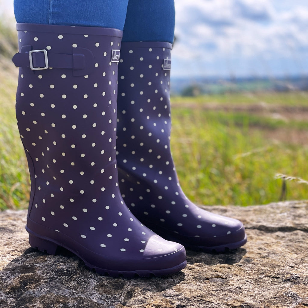 NEW Wide Calf Purple Cream Spot Wellies for Women - Wide in Foot and Ankle - Jileon Wellies