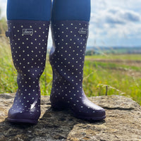 NEW Wide Calf Purple Cream Spot Wellies for Women - Wide in Foot and Ankle - Jileon Wellies