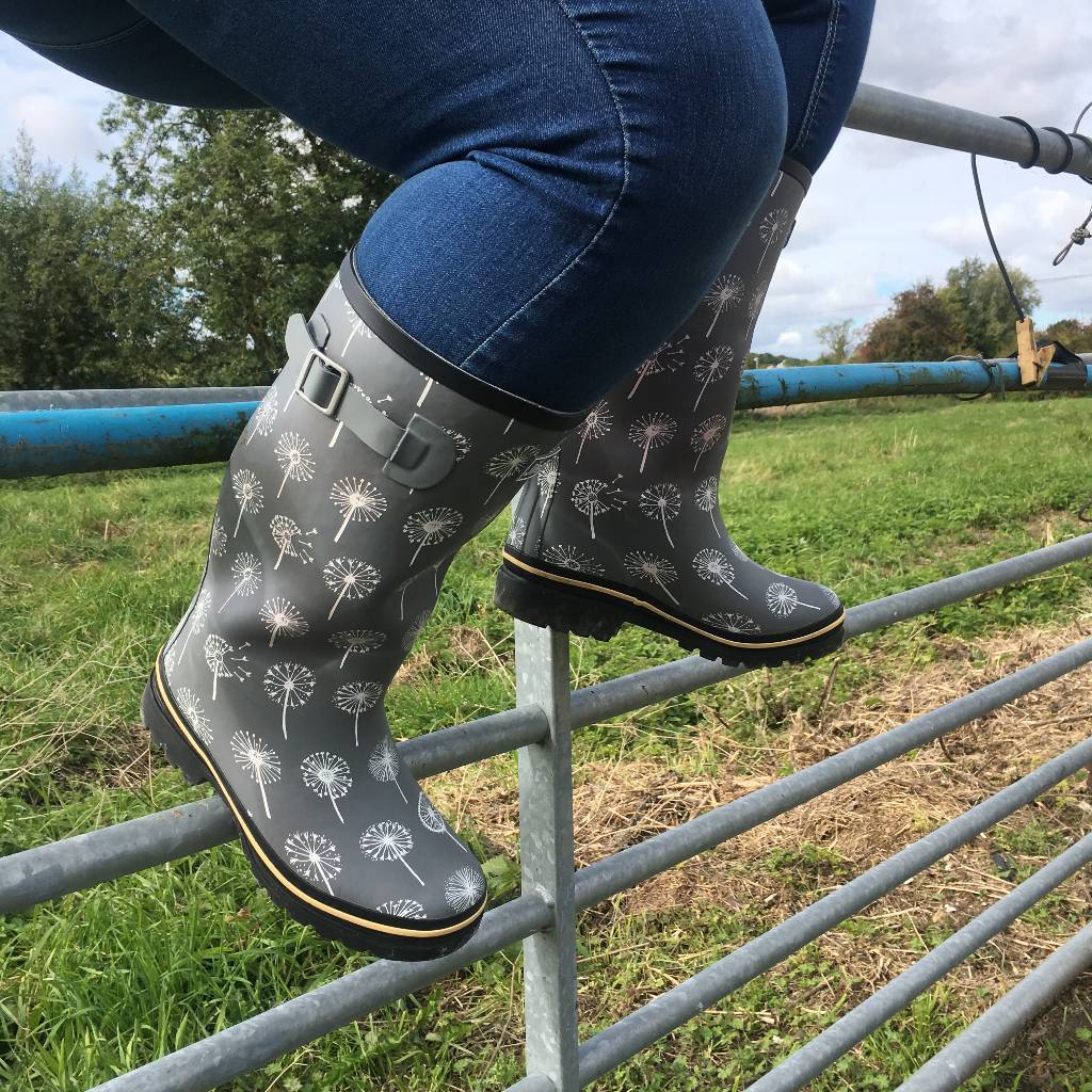 Wide Calf Grey Dandelion Wellies for Women - Wide in Foot and Ankle - Jileon Wellies