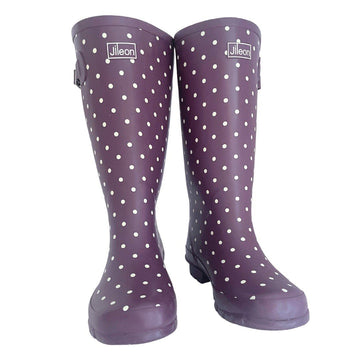 Wide Calf Purple Cream Spot Wellies for Women - Wide in Foot and Ankle - Jileon Wellies