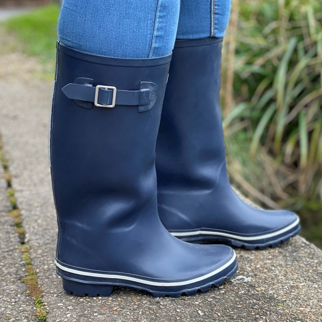 Wide Calf Wellies - Navy with Reflective Strip on Rear - Wide in Foot & Ankle - Jileon Wellies
